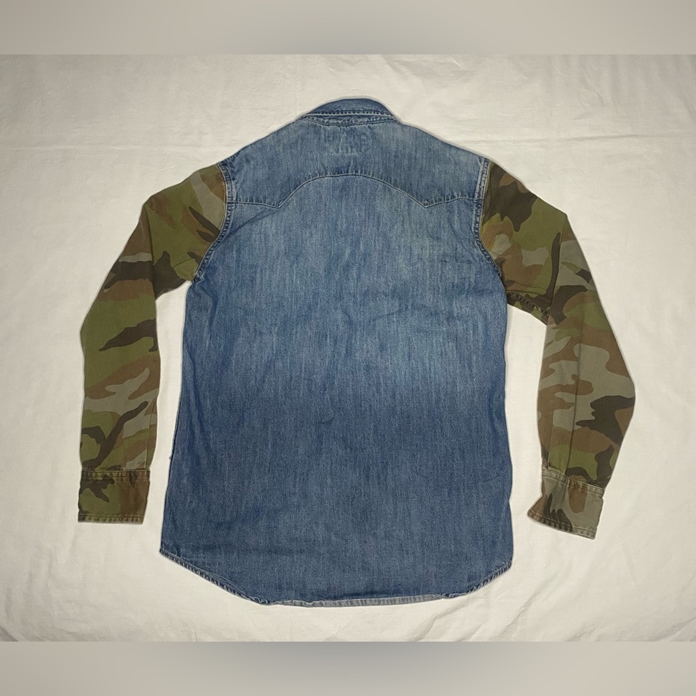 Ralph Lauren Denim Supply Shirt Mens Small Denim Camo Sleeve Pearl Snap Western - Picture 7 of 8